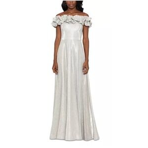 Xscape Women's Off the Shoulder Ruffle Metallic Glitter Gown has Pockets size 14